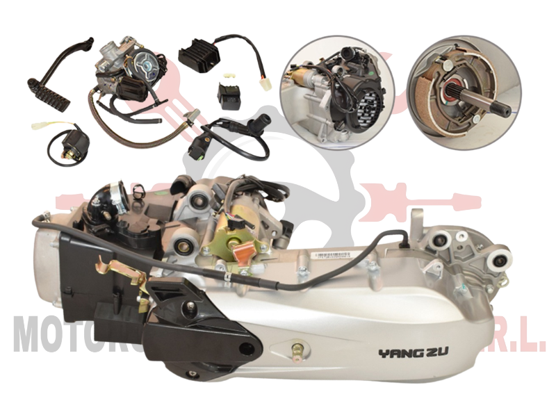 MOTOR SCOOTER GY6-150 EJE LARGO CADENILLA AIRE(F/DOBLE AMORTIGUADOR,ZAPATA 130MM)C/ACCESORIOS(149.6CC,57.4MM)ALUMINIO
