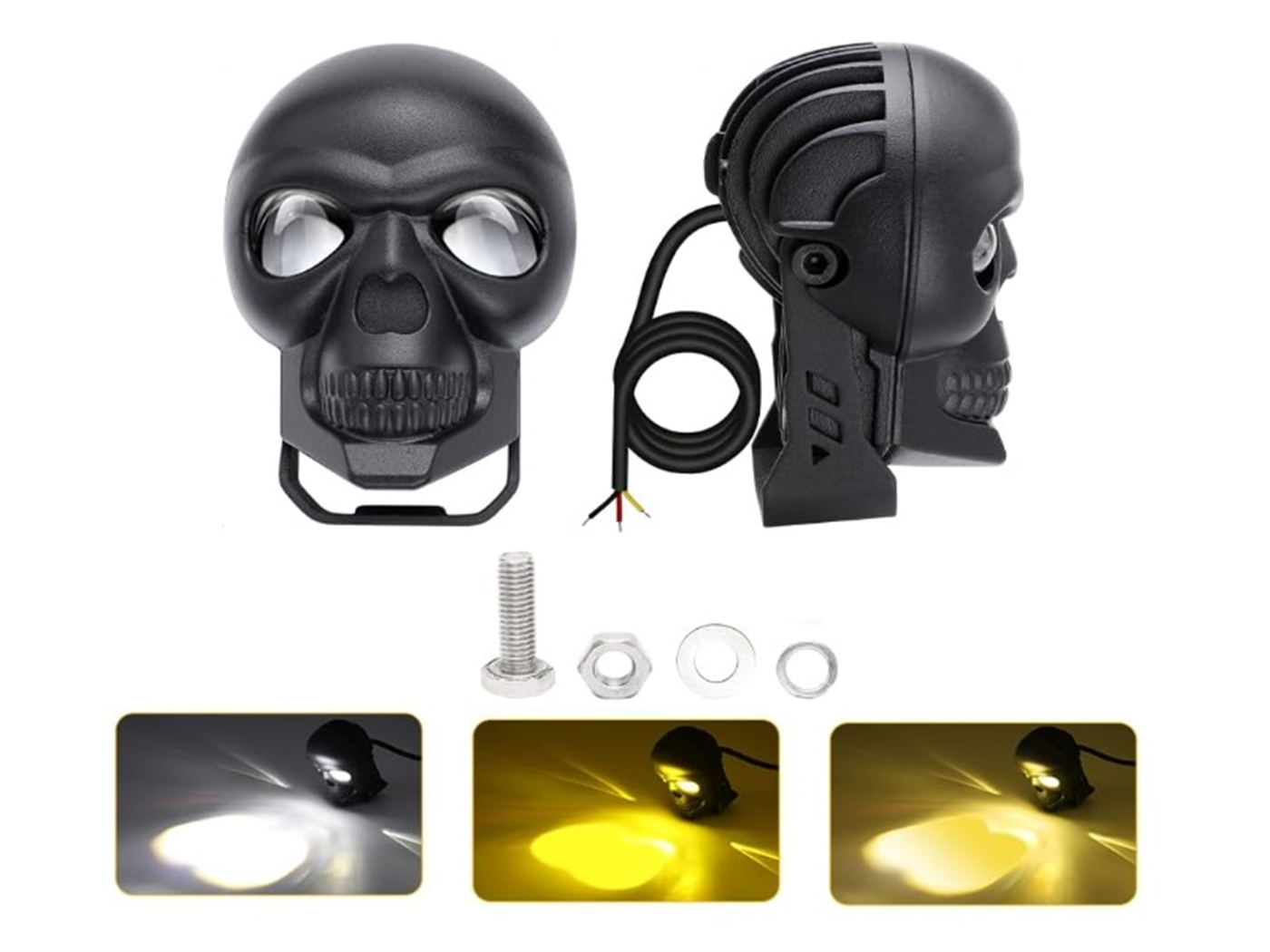 FARO LED CALAVERA NEGRO (LUZ DUAL BLANCO Y AMARILLO, 3 CABLES, PESADO, MULTIVOLTAJE)