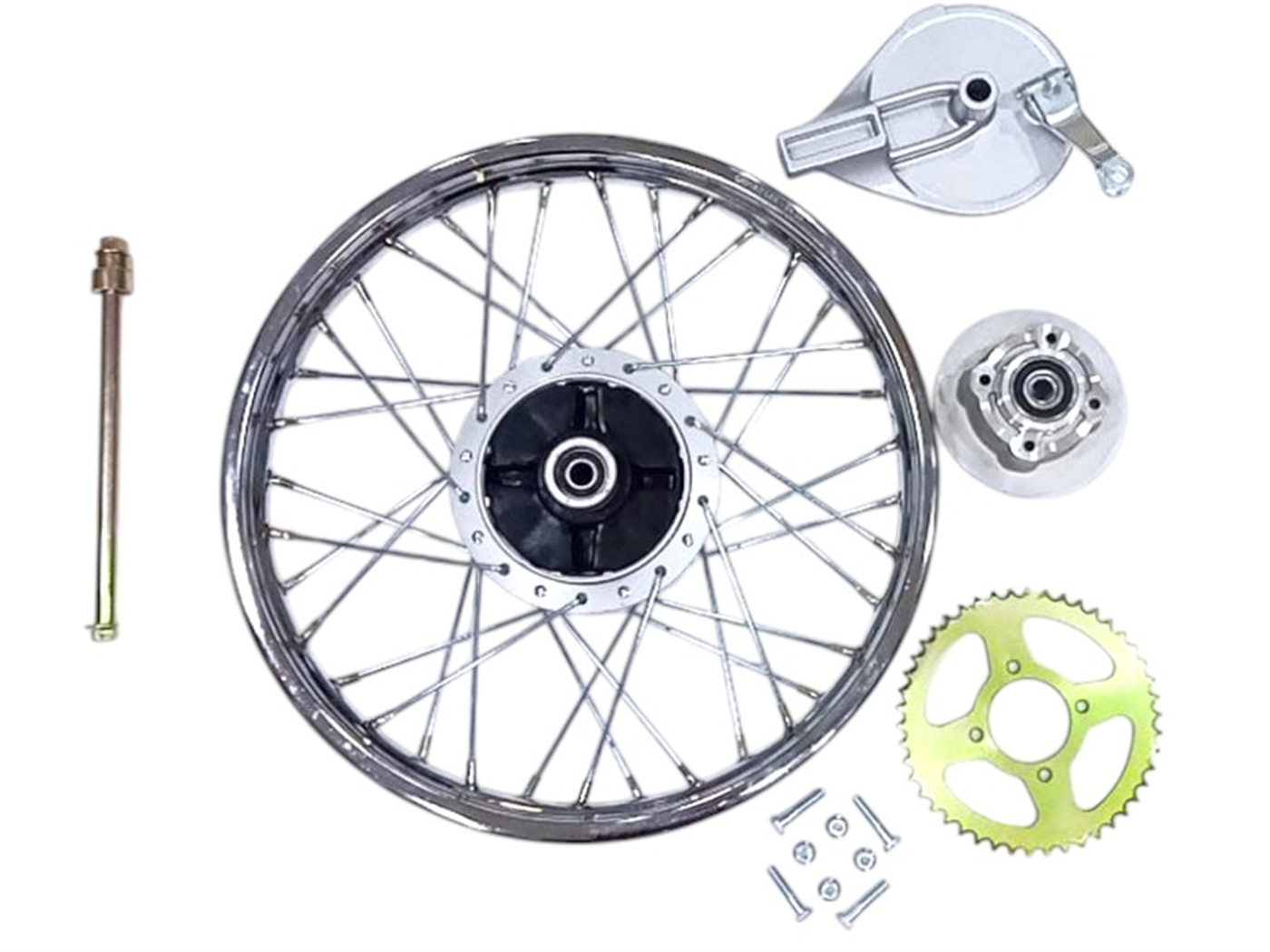 ARO 1.85*18 POST. ARMADO PLATA RAYO (F/TOPE)(4H)(1CATALINA 46T)(C/EJE 15X275MM)+JEBE PORTA CATALINA CROMADO