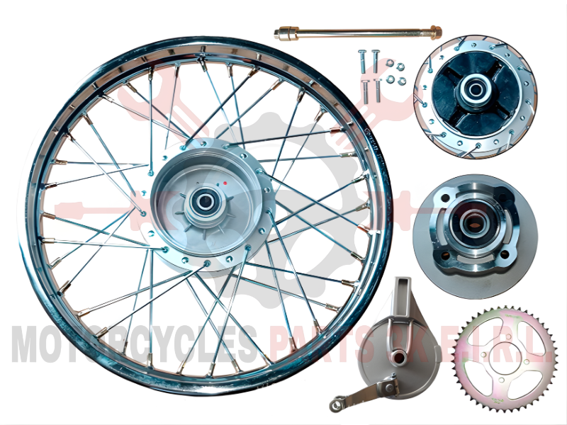 ARO 1.85*18 POST. ARMADO PLATA RAYO (F/TOPE)(4H)(1CATALINA 46T)(C/EJE 15X275MM)+JEBE PORTA CATALINA CROMADO