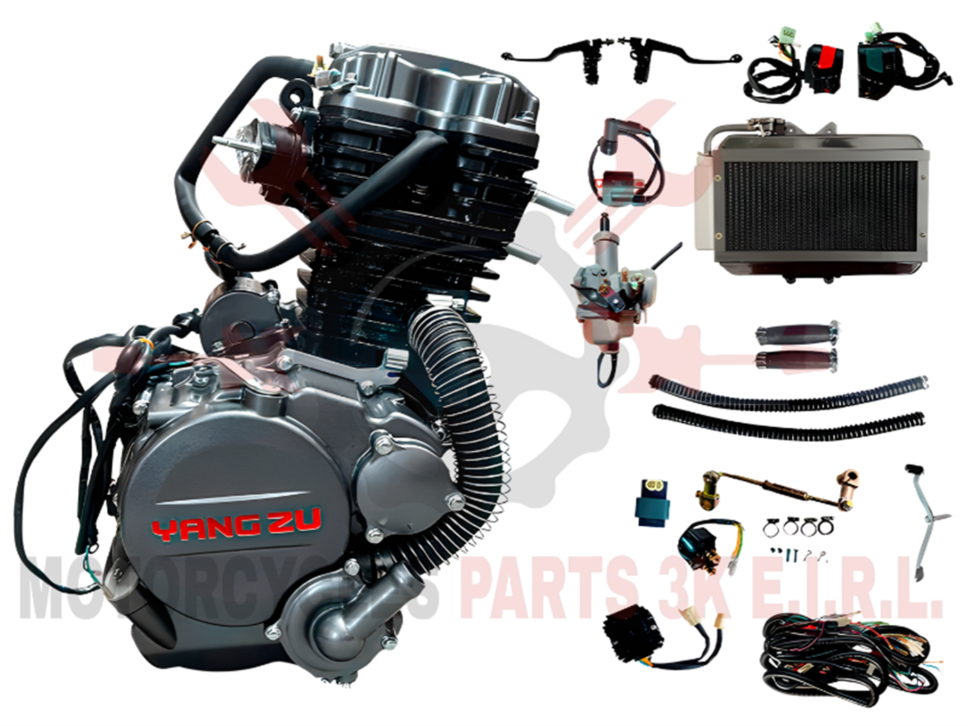 MOTOR ZS410(ZS-JZ)EJE LARGO VARILLERO AGUA C/RADIADOR ALUMINIO Y ACCESORIOS(360CC,77MM)(M.GRUESA)(ESP.10MM)(54321N)GRIS