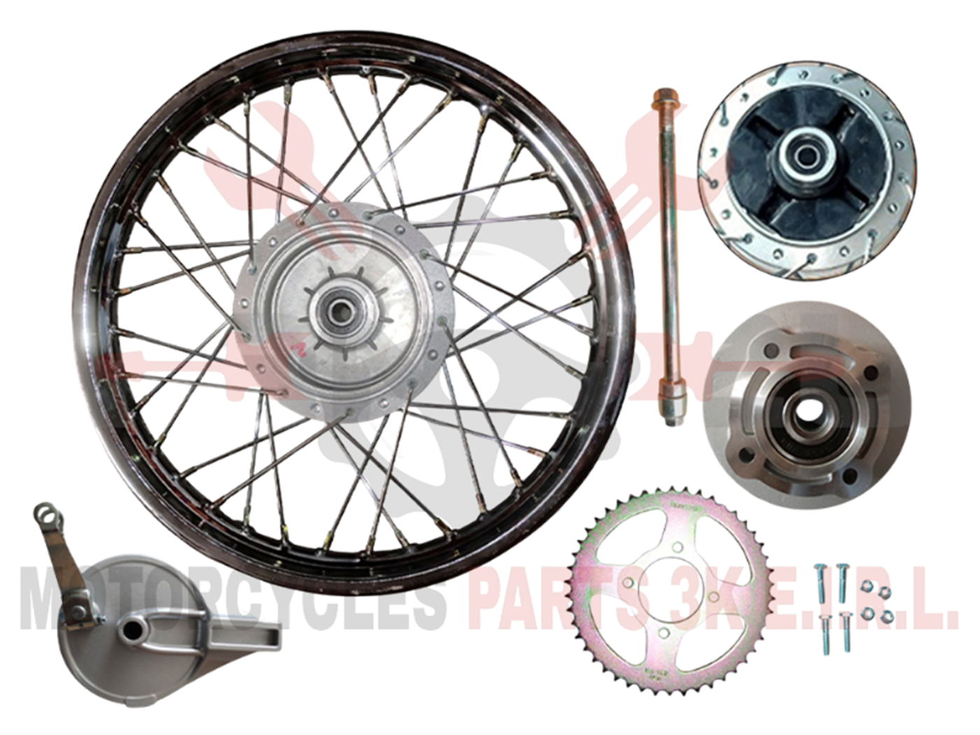 ARO (F/ZAPATA) 1.85X17 POST. RAYO(F/TOPE)(4H)(1CATALINA 46T)(C/EJE 15X270MM)+JEBE PORTA CATALINA CROMADO